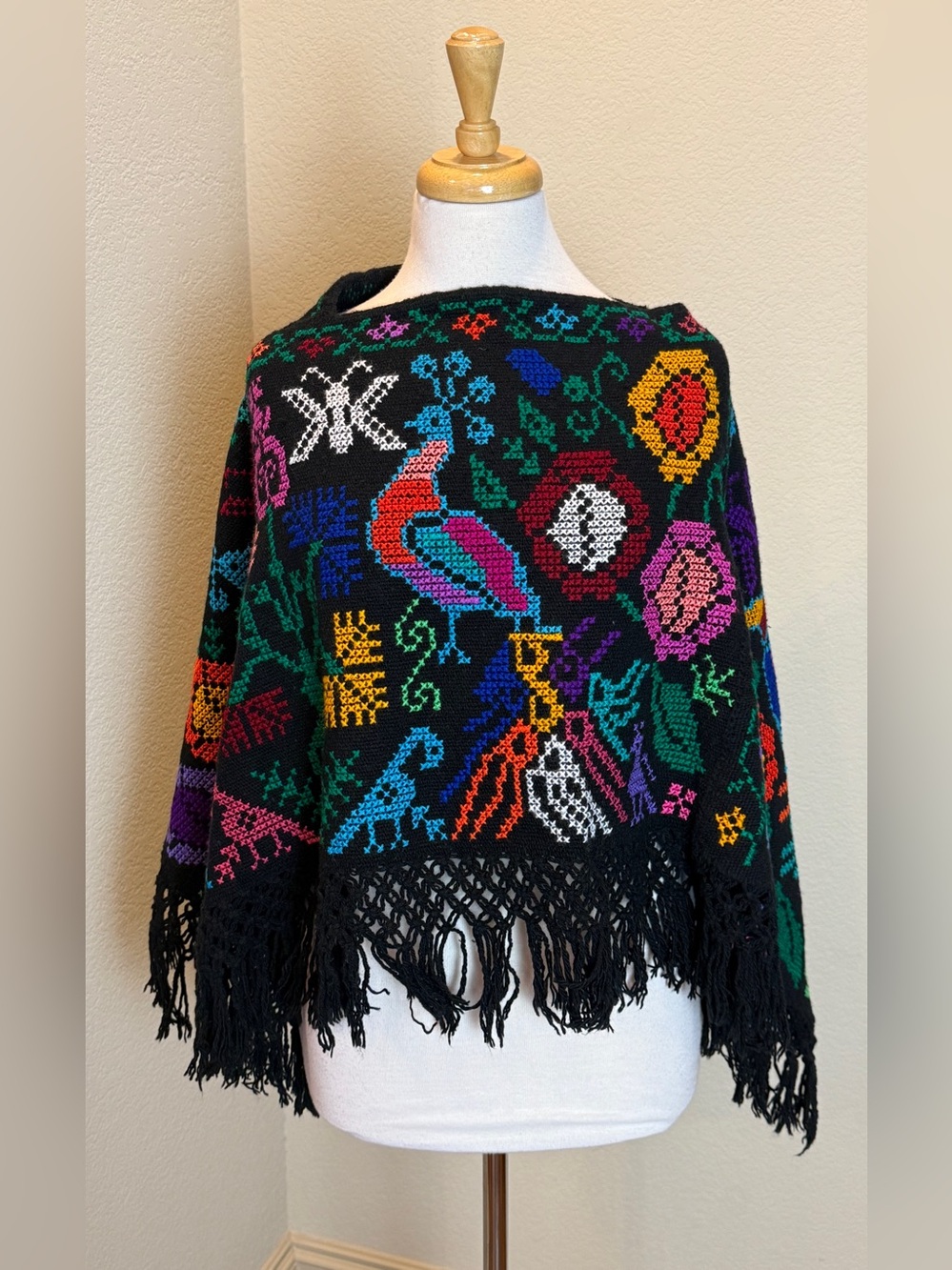 Mexican Poncho Punto de Cruz Embroidered Fringe Colorful Peacock Boho Cape Black